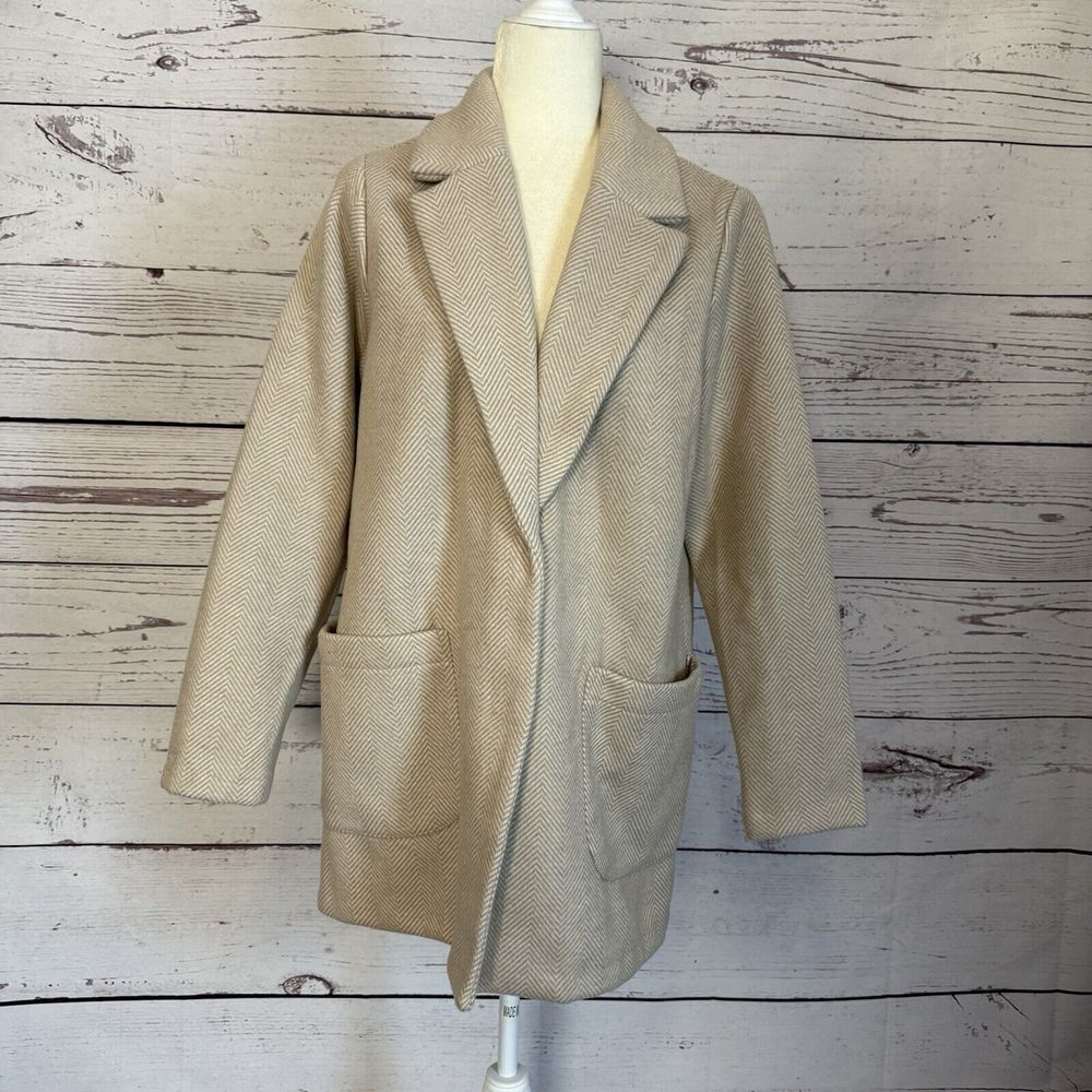 Cynthia Rowley Blazer Jacket Womens Large‎ Wool Blend Beige Collared Pockets